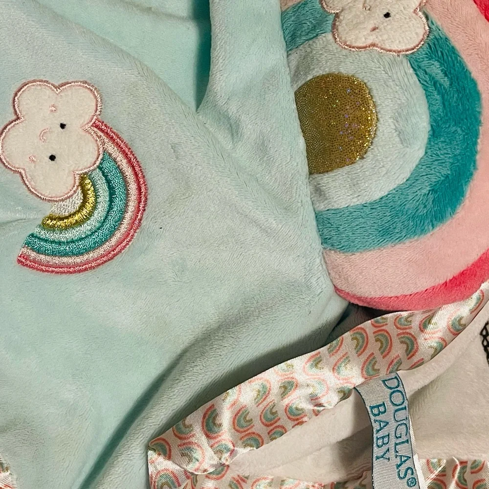 Douglas Baby Rainbow Baby Lovey Security Blanket Aqua Plush Satin Colorful Trim